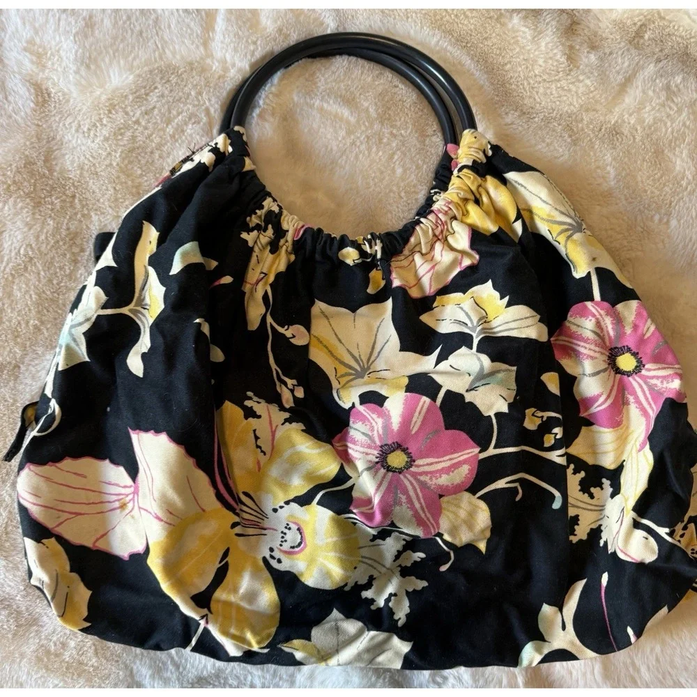 H & M Tropical Floral Fabric Loop Handles Large Bag Purse Bark cloth Style